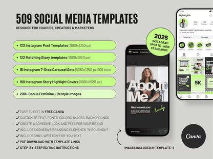 Instagram Template Bundle for Coaches: Neon Green Canva Social Media Kit (Digital Download) D3
