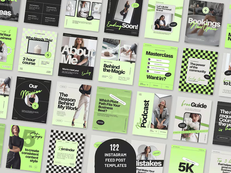 Instagram Template Bundle for Coaches: Neon Green Canva Social Media Kit (Digital Download) D3
